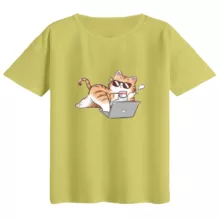 تی‌شرت  اورسایز آستین کوتاه زنانه مدل باکسی طرح گربه و لپ تاپ رنگ لیمویی