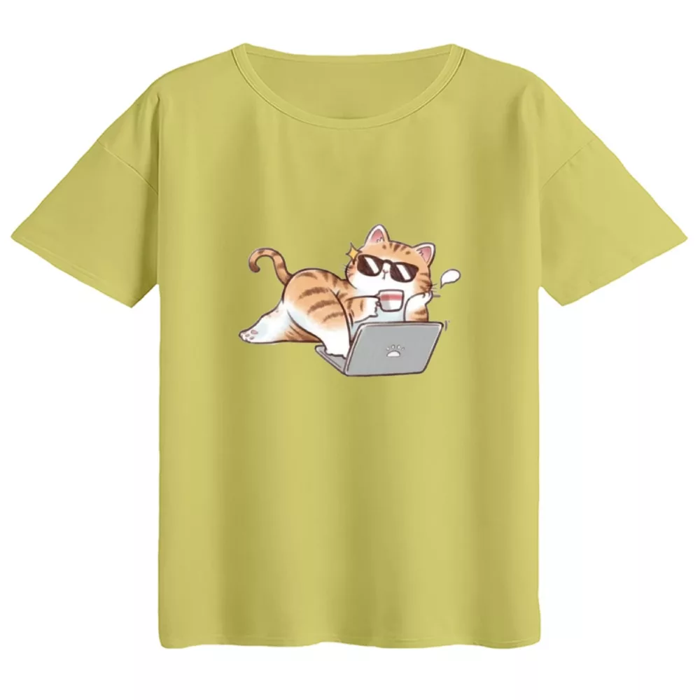 تی‌شرت  اورسایز آستین کوتاه زنانه مدل باکسی طرح گربه و لپ تاپ رنگ لیمویی