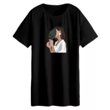 تی شرت لانگ زنانه مدل برگ و دختر رنگ مشکی