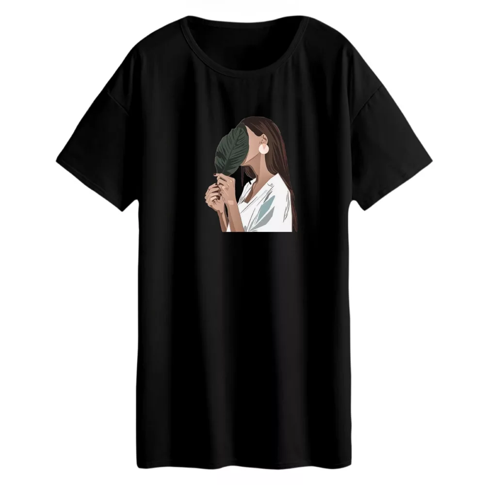 تی شرت لانگ زنانه مدل برگ و دختر رنگ مشکی