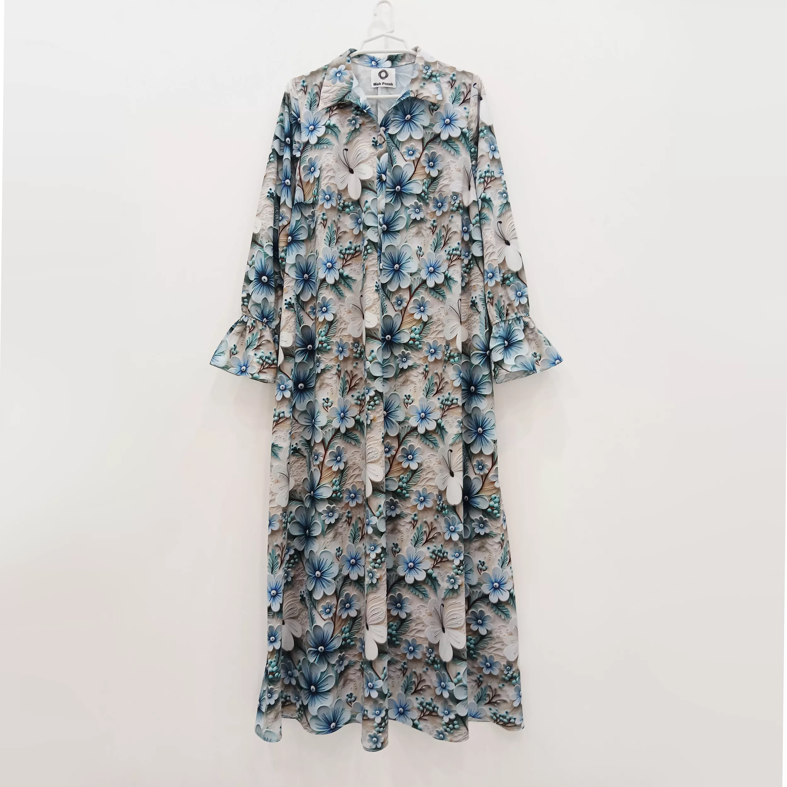 پیراهن ساحلی یقه برگردان زنانه مدل سه بعدی رنگ فیروزهای