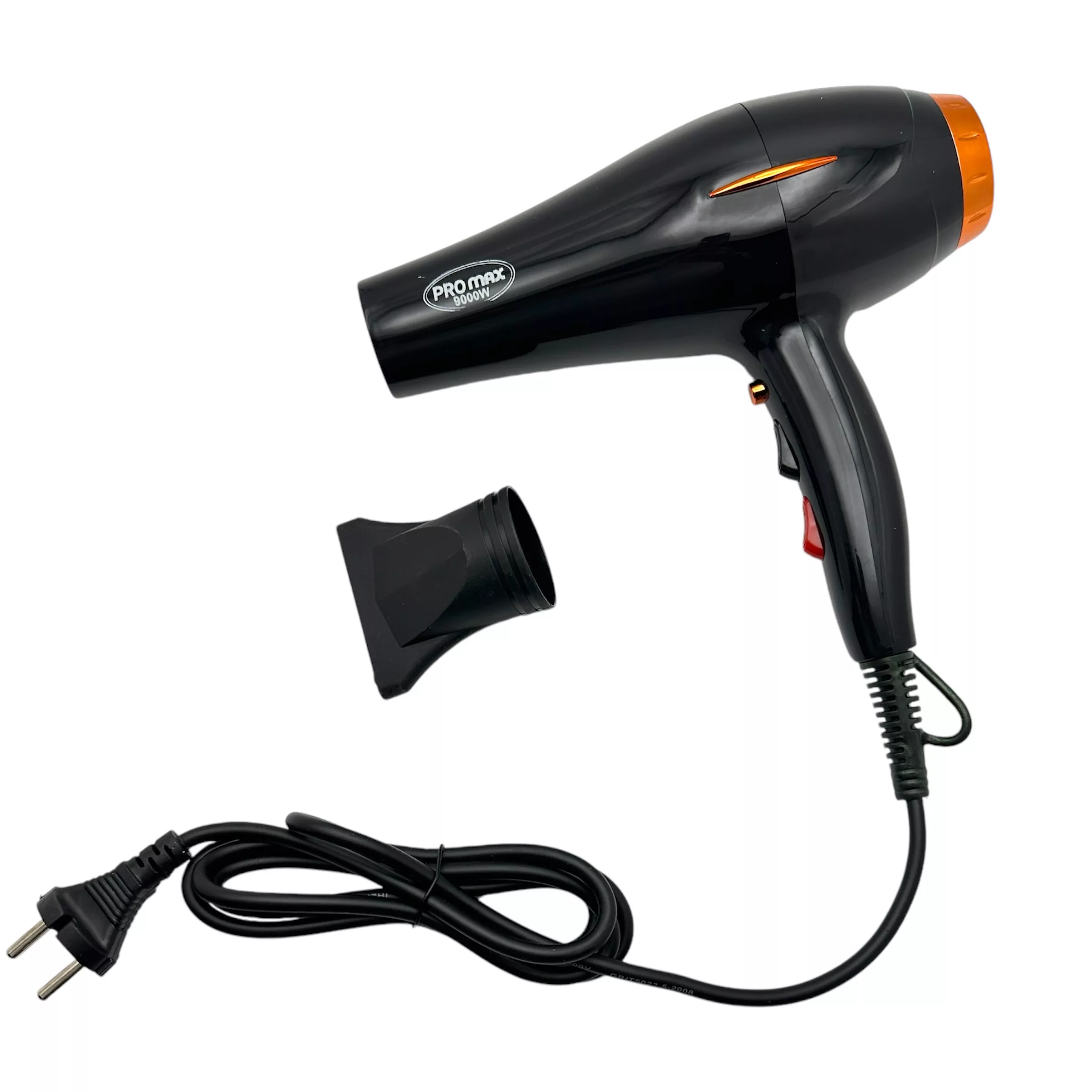 سشوار حرفه‌ای پرومکس مدل MA-8890، موتور AC با توان مصرفی 9000 وات، دارای قابلیت تعویض سری، عملکرد توربو، دارای متمرکزکننده، با حالت صاف‌کننده، وزن 650 گرم، تنظیم حرارت 2 حالته و کنترل سرعت 2 حالته، به همراه متمرکزکننده باریک