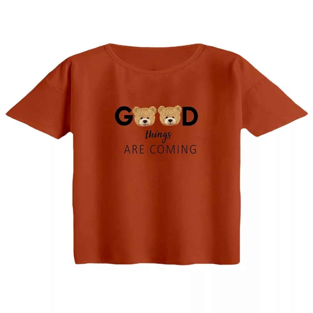 کراپ تی‌شرت آستین کوتاه زنانه مدل گود رنگ آجری تیره