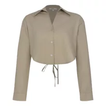 کراپ شومیز آستین بلند یقه برگردان زنانه نیزل مدل 1257 رنگ خاکی