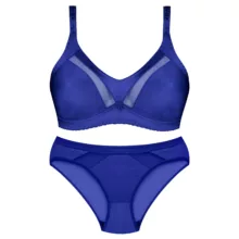 ست شورت و سوتین زنانه پانیذ مدل ساتن وسط توری بدون فنر کد 4648 رنگ آبی کاربنی