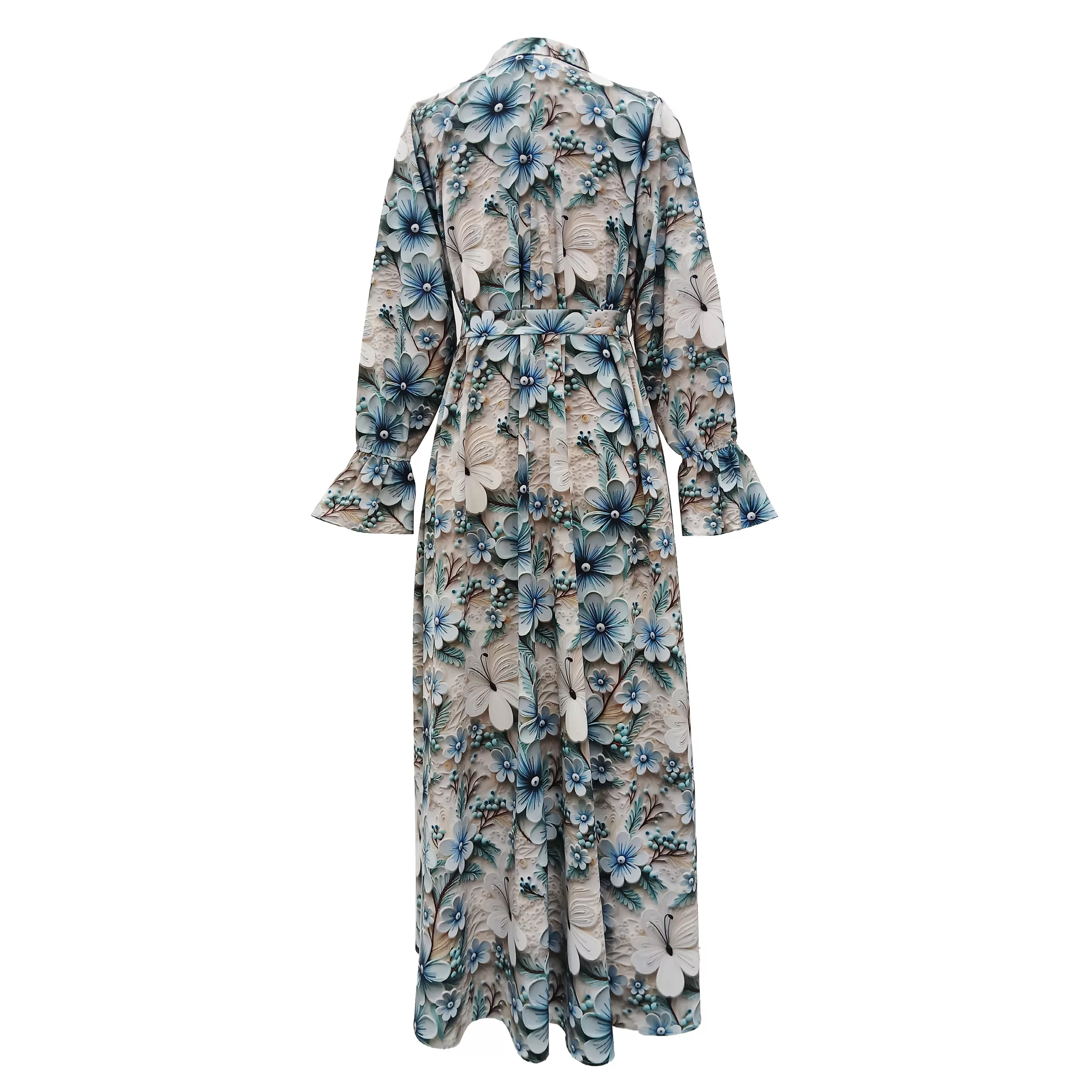 پیراهن ساحلی یقه برگردان زنانه مدل سه بعدی رنگ فیروزهای