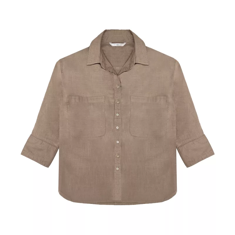 شومیز آستین سه ربع یقه انگلیسی زنانه مدل جیب دار رنگ نسکافه‌ای