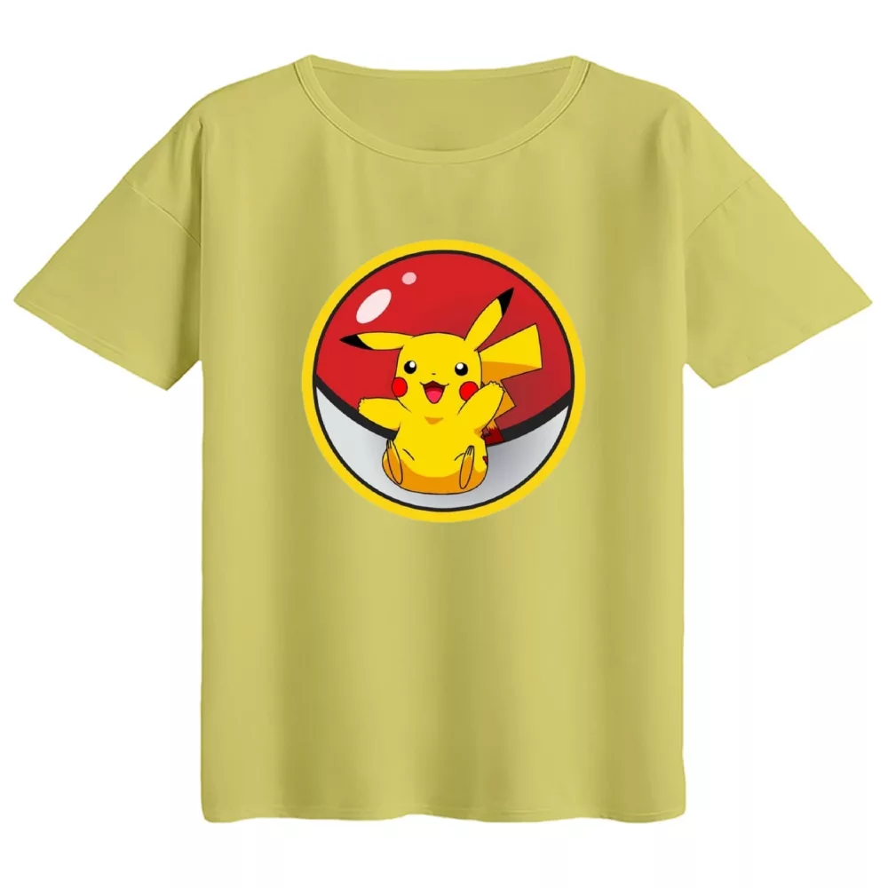 تی‌شرت  اورسایز آستین کوتاه زنانه مدل باکسی طرح پوکی مون رنگ لیمویی