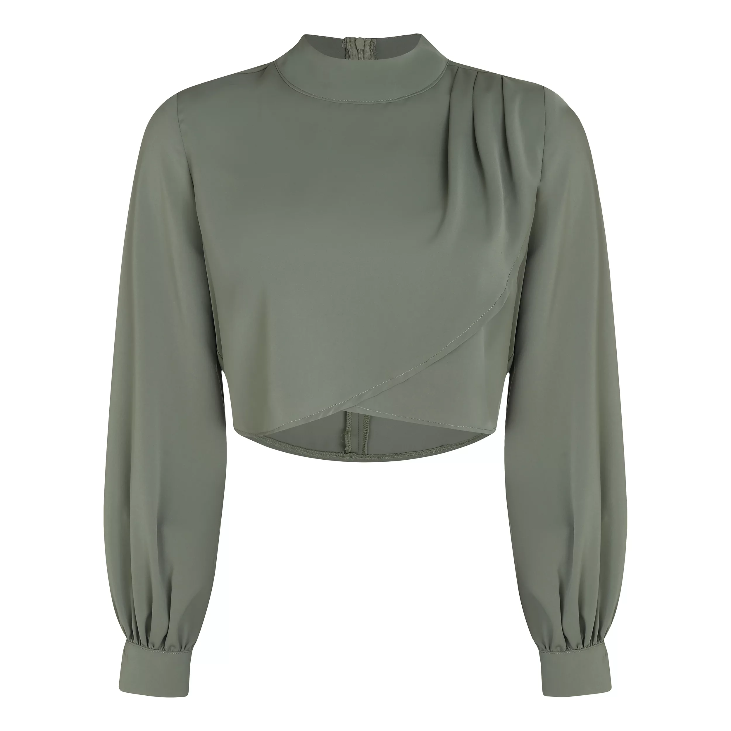 کراپ بلوز آستین بلند یقه ایستاده زنانه نیزل مدل 1175 رنگ سبز سدری