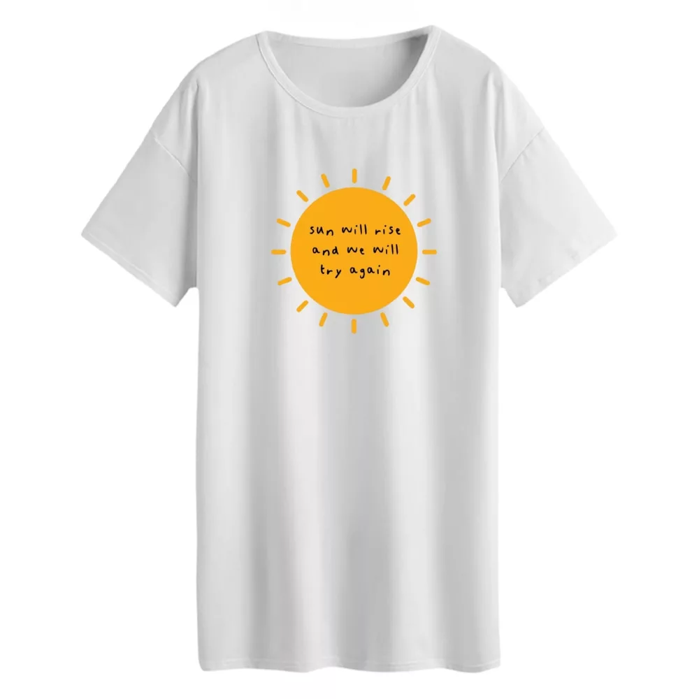 تی شرت لانگ زنانه مدل خورشید رنگ سفید