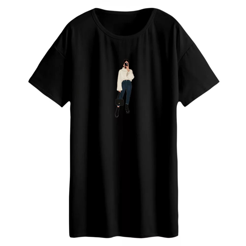 تی شرت لانگ زنانه مدل دختر ایستاده رنگ مشکی