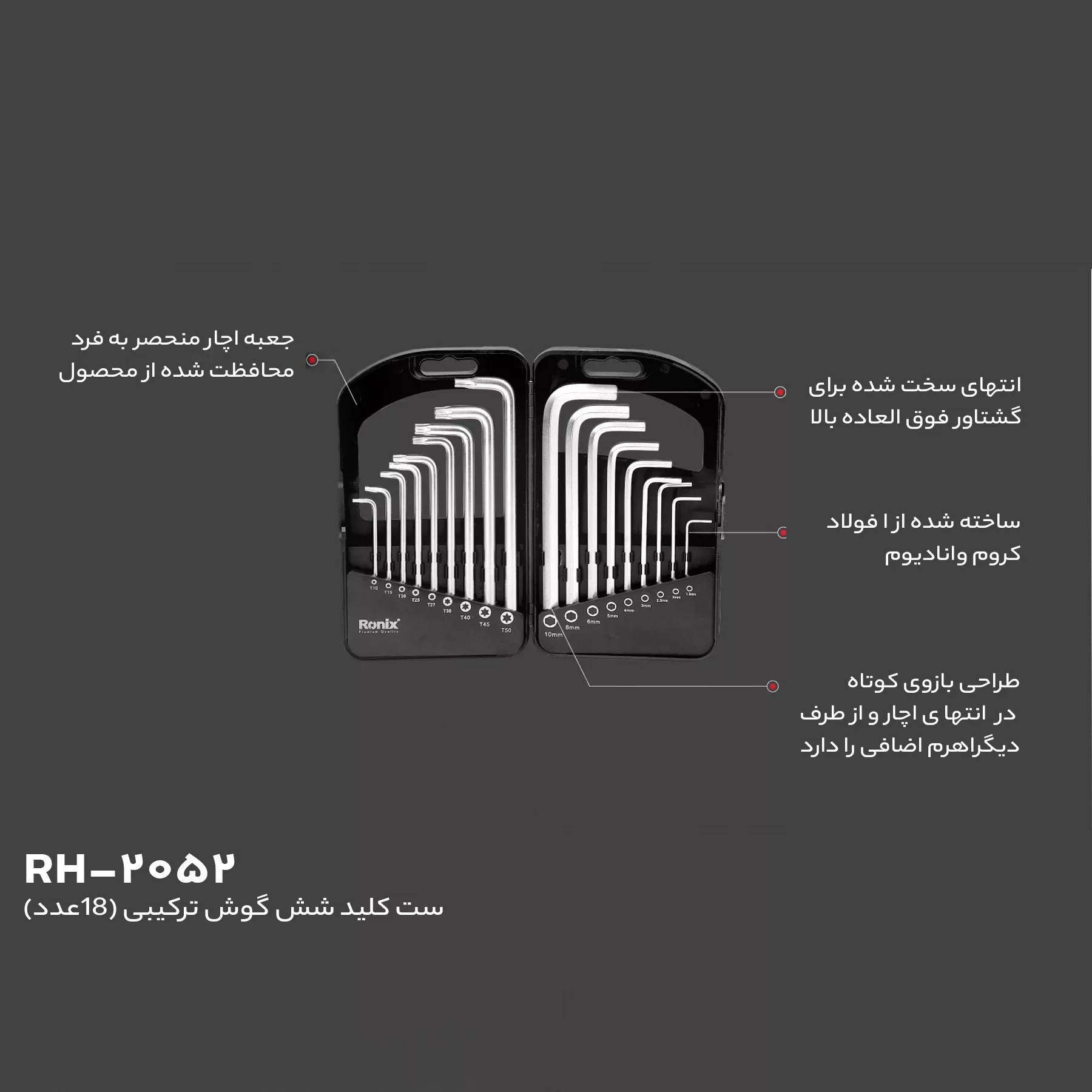 مجموعه 18 عددی آچار آلن و آچار ستاره‌ای رونیکس مدل NIX-2052