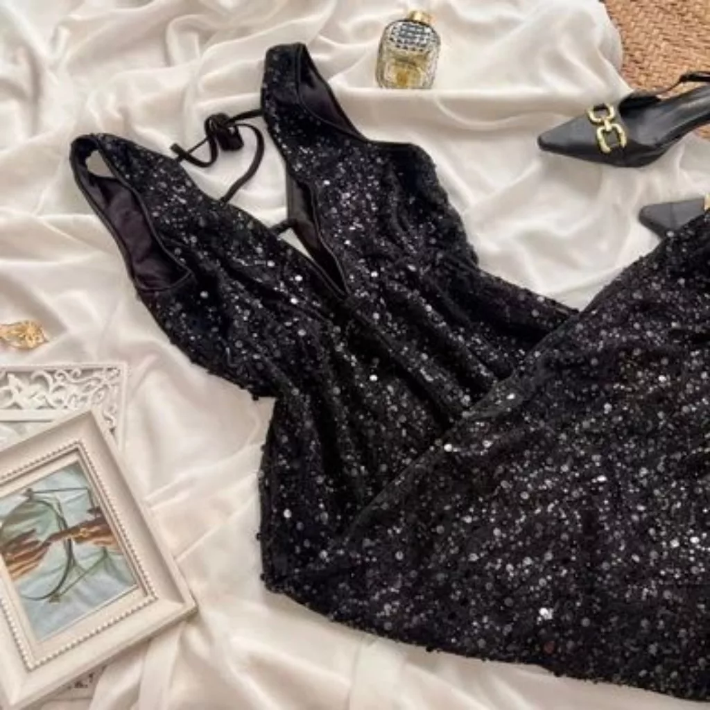 پیراهن یقه هفت زنانه مدل پولکی