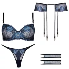 ست شورت و سوتین زنانه برتا مدل فنردار پلنگی کد 5104-4041-BLL رنگ آبی به همراه نگهدارنده جوراب