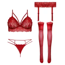 ست شورت و سوتین توری زنانه لاو سکرت مدل 5274-1063 رنگ قرمز به همراه جوراب و نگهدارنده جوراب