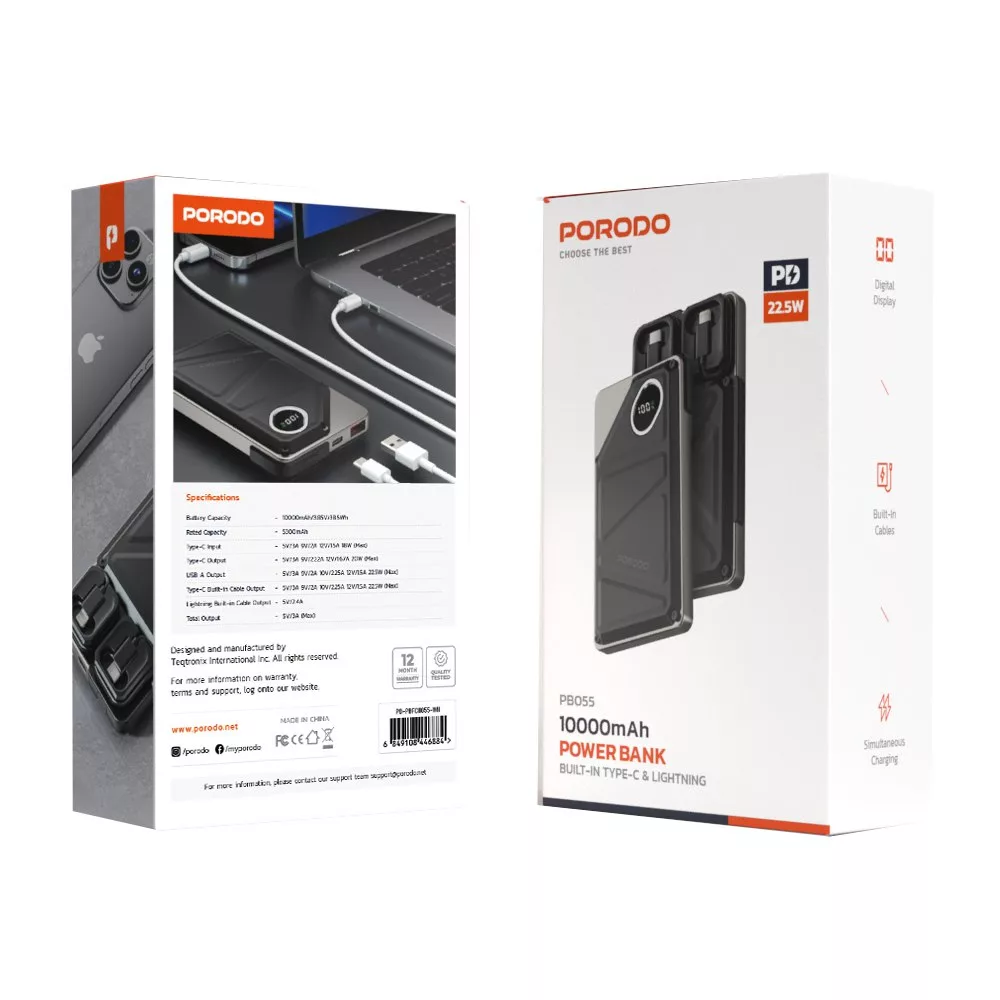 پاوربانک پرودو مدل PBFCH055 ظرفیت 10000 میلی آمپر ساعت