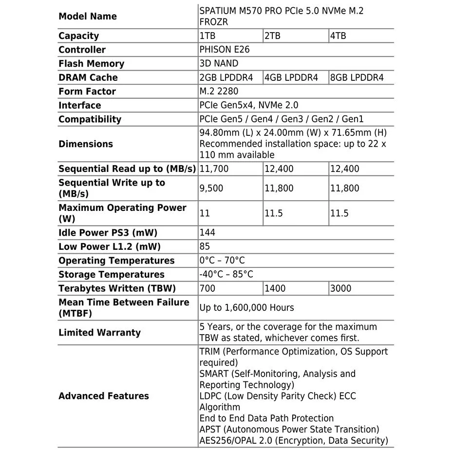 اس اس دی اینترنال ام اس آی مدل SPATIUM M570 PRO PCIe 5.0 NVMe M.2 FROZR ظرفیت 2 ترابایت