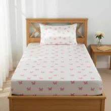 سرویس ملحفه 1 نفر 2 تکه مدل ساتن ابریشم دورکشدار به همراه روبالشی طرح پروانه