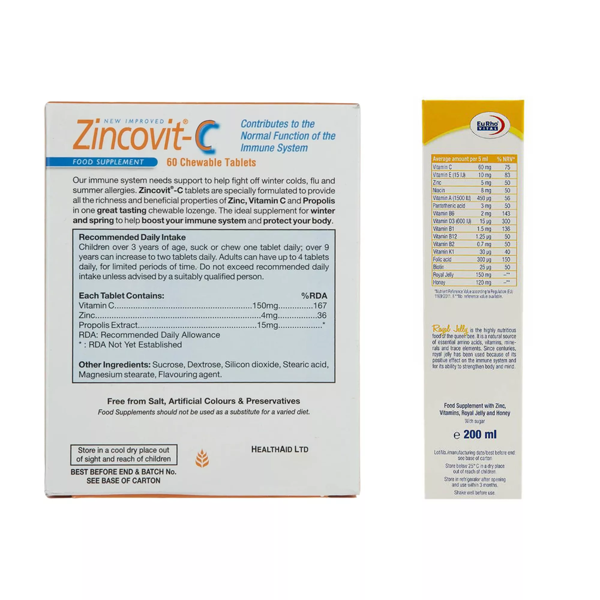 کپسول رویال ژلی یوروویتال - 1000 میلی گرم بسته 30 عددی به همراه قرص جویدنی زینکوویت سی هلث اید بسته 60 عددی