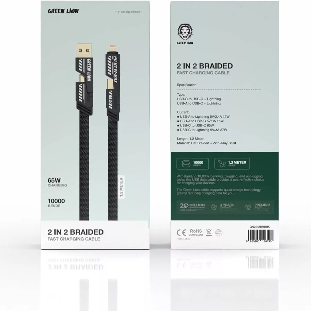کابل تبدیل USB/USB-C به USB-C/لایتنینگ گرین لاین مدل 2 in 2 Braided طول 1.2 متر