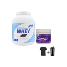 پودر لایت وی سیکس پک با طعم شکلات نوتریشن به همراه پودر آمینو انرژی جی فورس با طعم هندوانه ترک نوتریشن به همراه تیشرت و شیکر