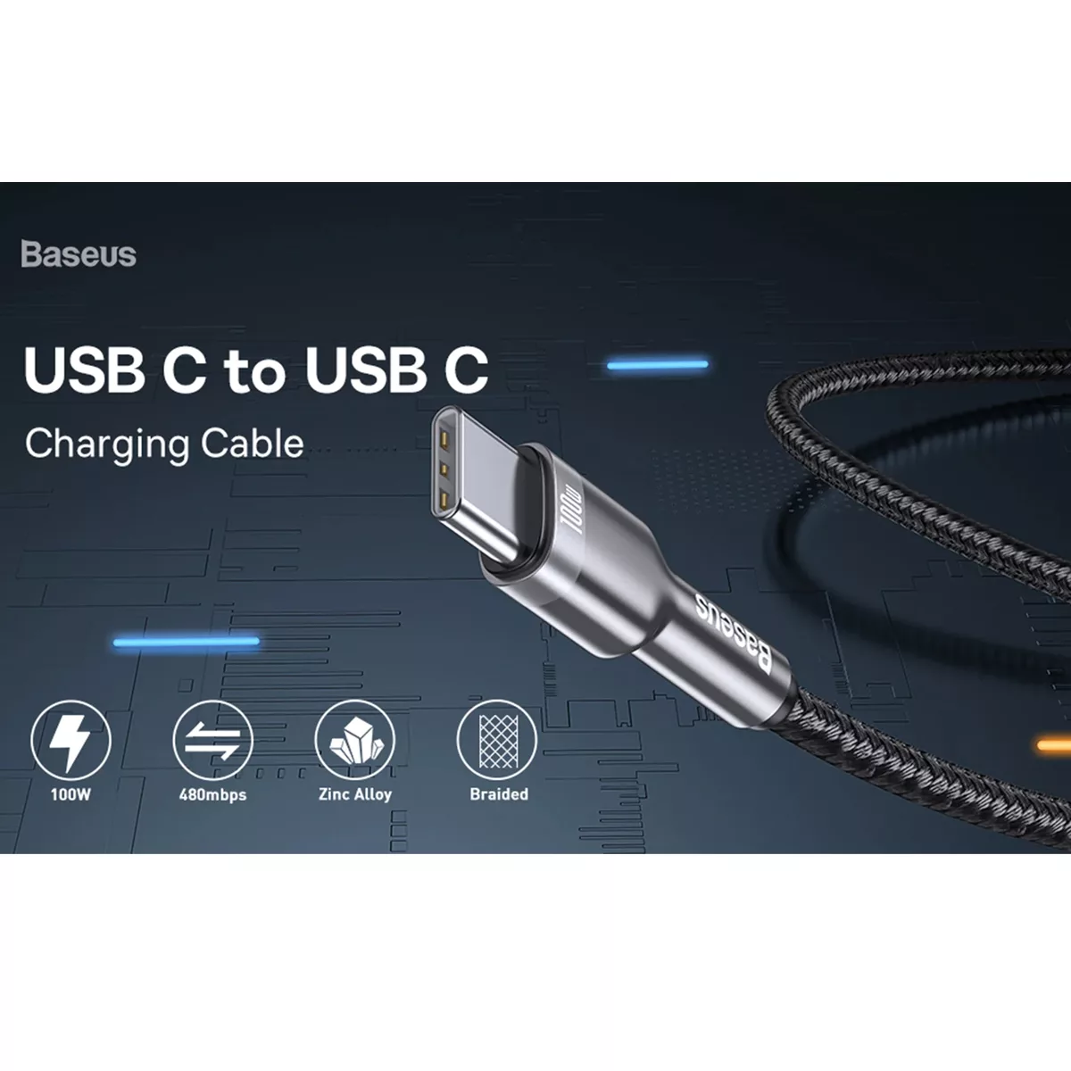 کابل تبدیل USB-C باسئوس مدل Cafule Series Metal Data Cable (100W) طول 1 متر