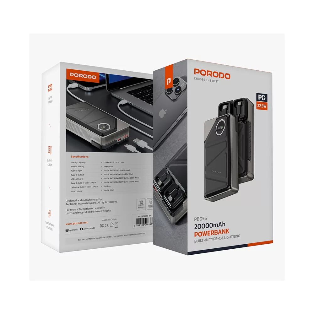 پاوربانک پرودو مدل PBFCH056 ظرفیت 10000 میلی آمپر ساعت