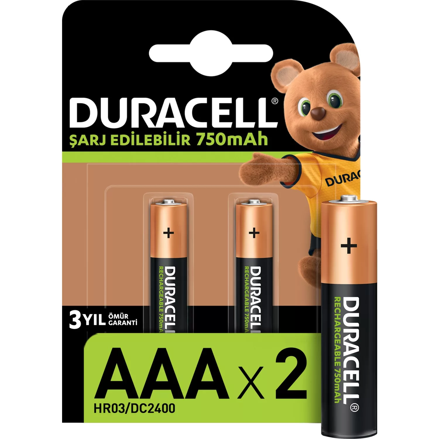 باتری نیم قلمی قابل شارژ دوراسل مدل HR03-750 بسته 2 عددی