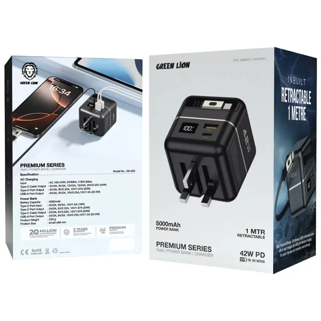 پاوربانک گرین لاین مدل GNGAN42PB10BK ظرفیت 5000 میلی آمپر ساعت