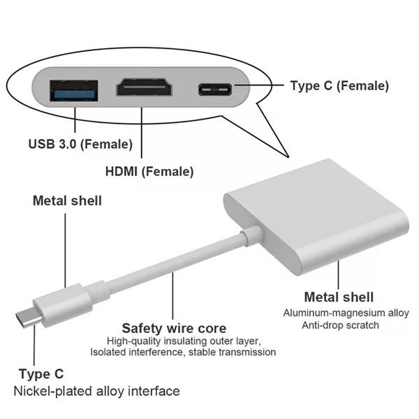 مبدل USB-C به HDMI/USB3.0/USB-C مدل T1304