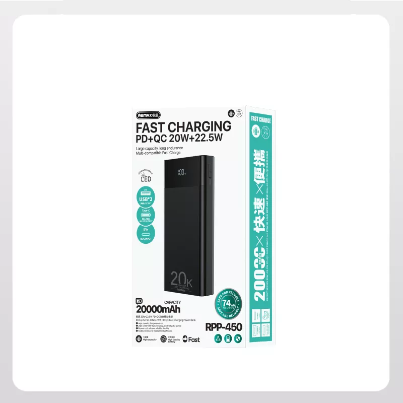 پاوربانک ریمکس مدل RPP-450 22.5W ظرفیت 20000 میلی آمپر ساعت