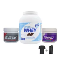 پودر پروتئین لایت وی سیکس پک با طعم شکلات ترک نوتریشن به همراه پودر آمینو انرژی با طعم هندوانه ترک نوتریشن به همراه پودر ای ای دبلیو ترک نوتریشن به همراه تیشرت و شیکر