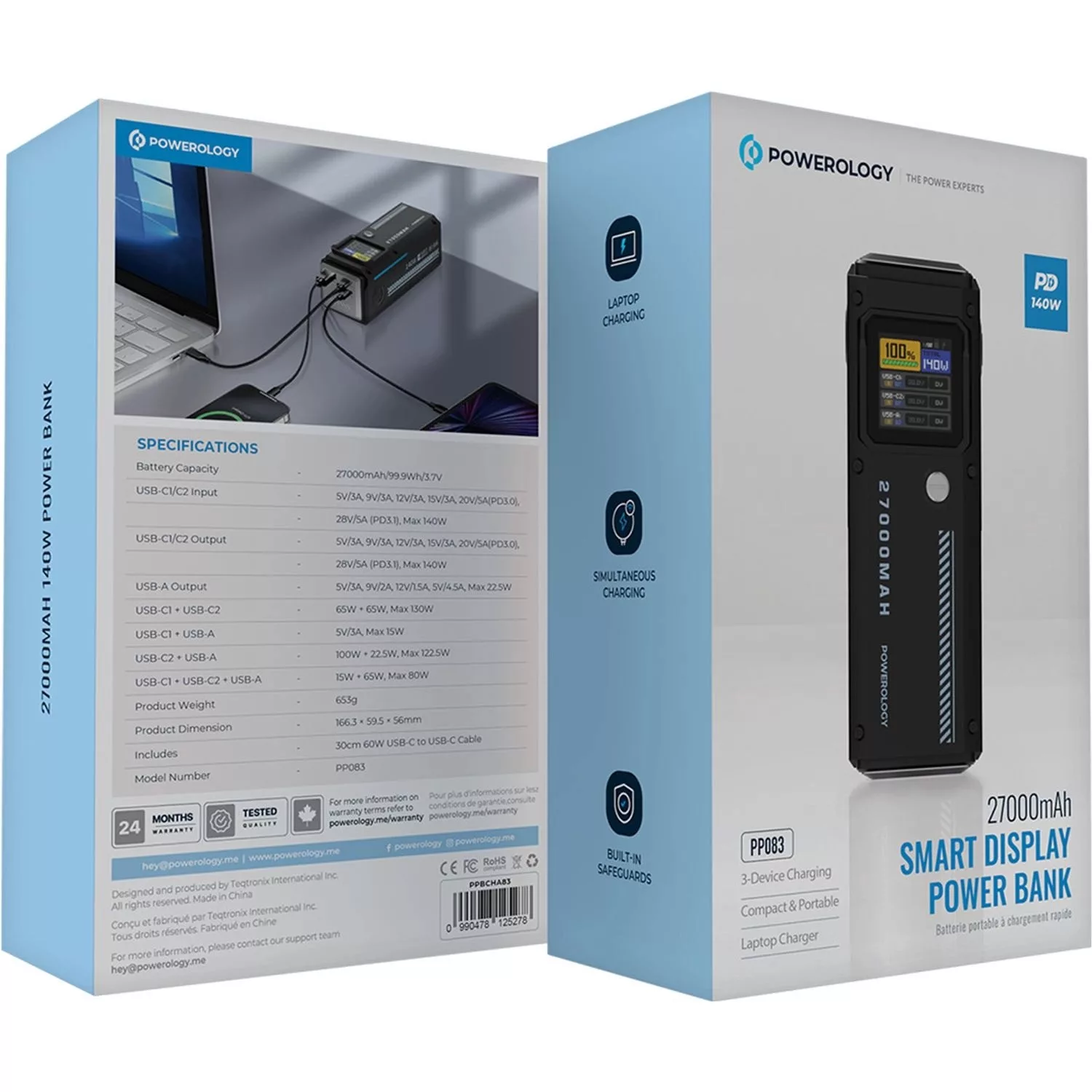 پاوربانک پاورولوجی مدل Smart Display 140W PPBCHA83 ظرفیت 27000 میلی آمپر ساعت