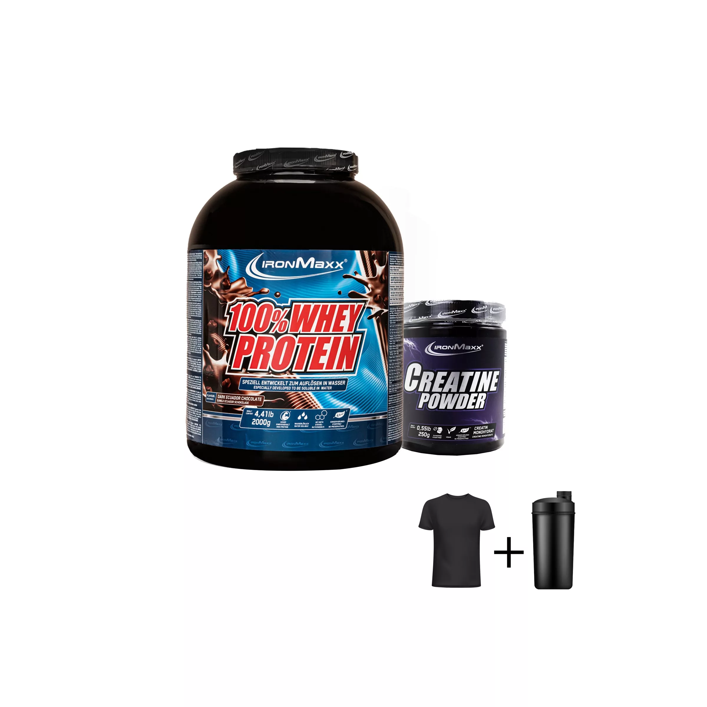 پودر پروتئین وی با طعم شکلات آیرون مکس 2000 گرم به همراه پودر کراتین آیرون مکس 250 گرم به همراه تیشرت و شیکر