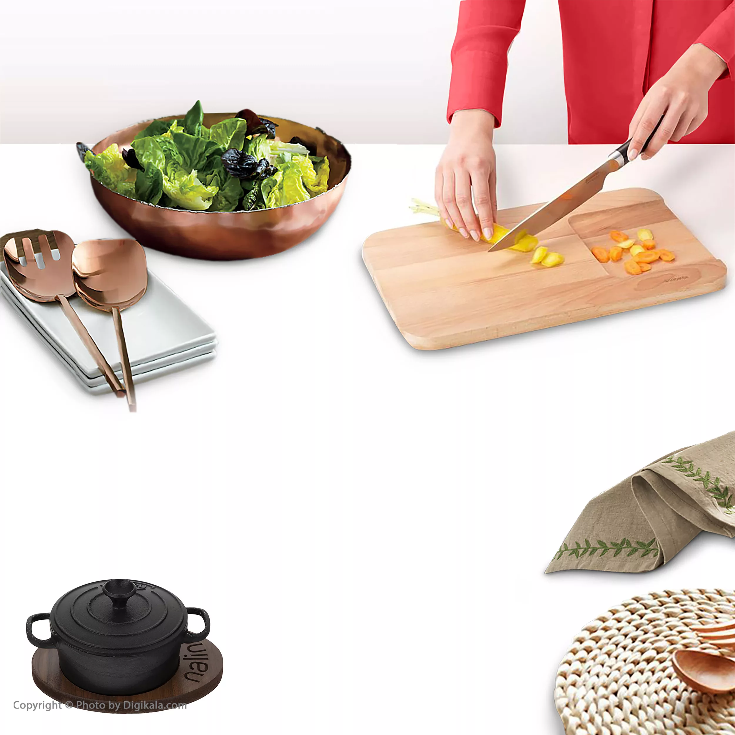 قابلمه چدن نالینو با زیره چوبی مدل Feleti سایز 14 به همراه استند چوبی