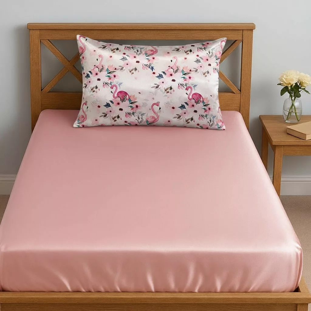 سرویس ملحفه 1 نفر 2 تکه مدل ابریشم دور کشدار طرح فلامینگو