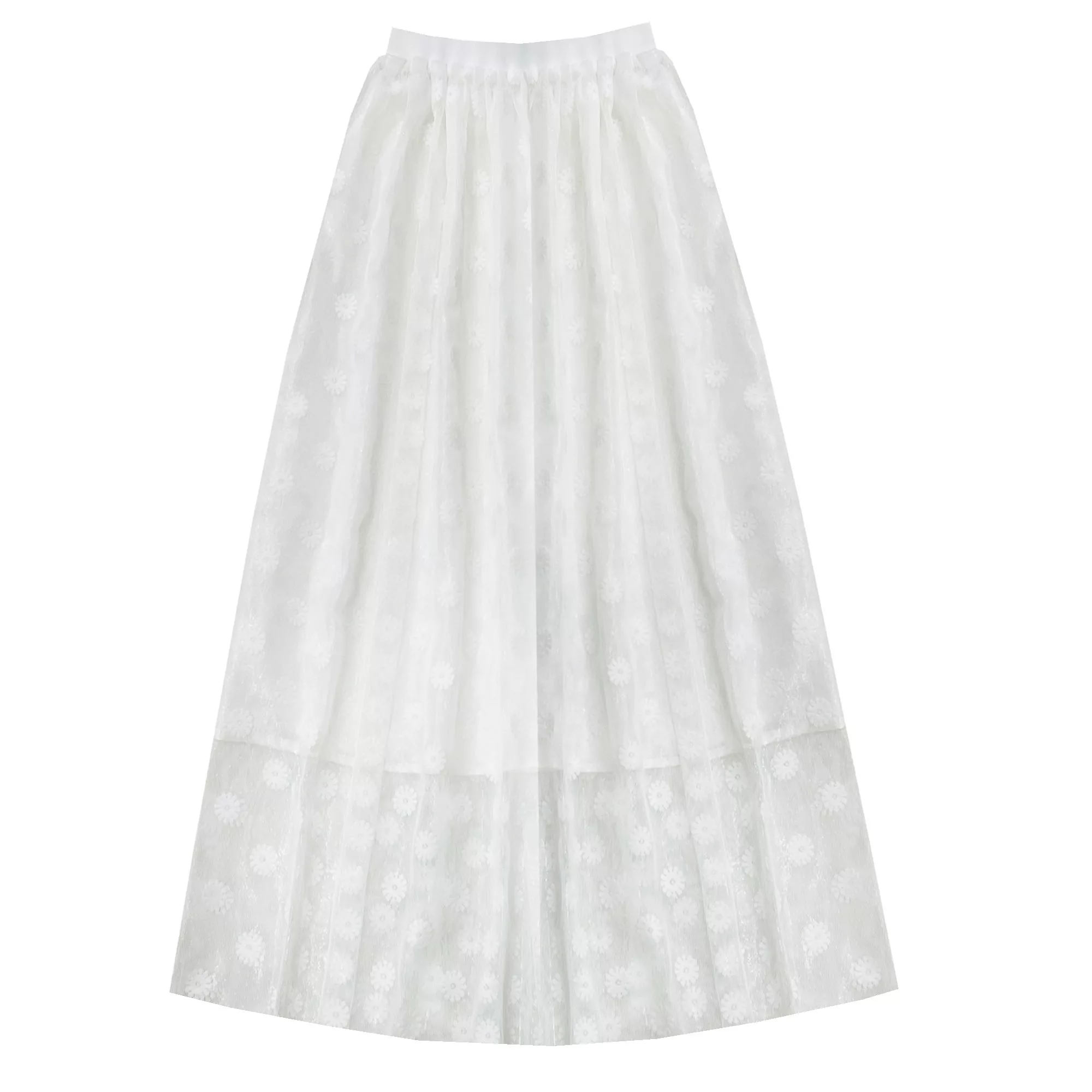 دامن چین‌دار زنانه مدل توری بابونه رنگ سفید