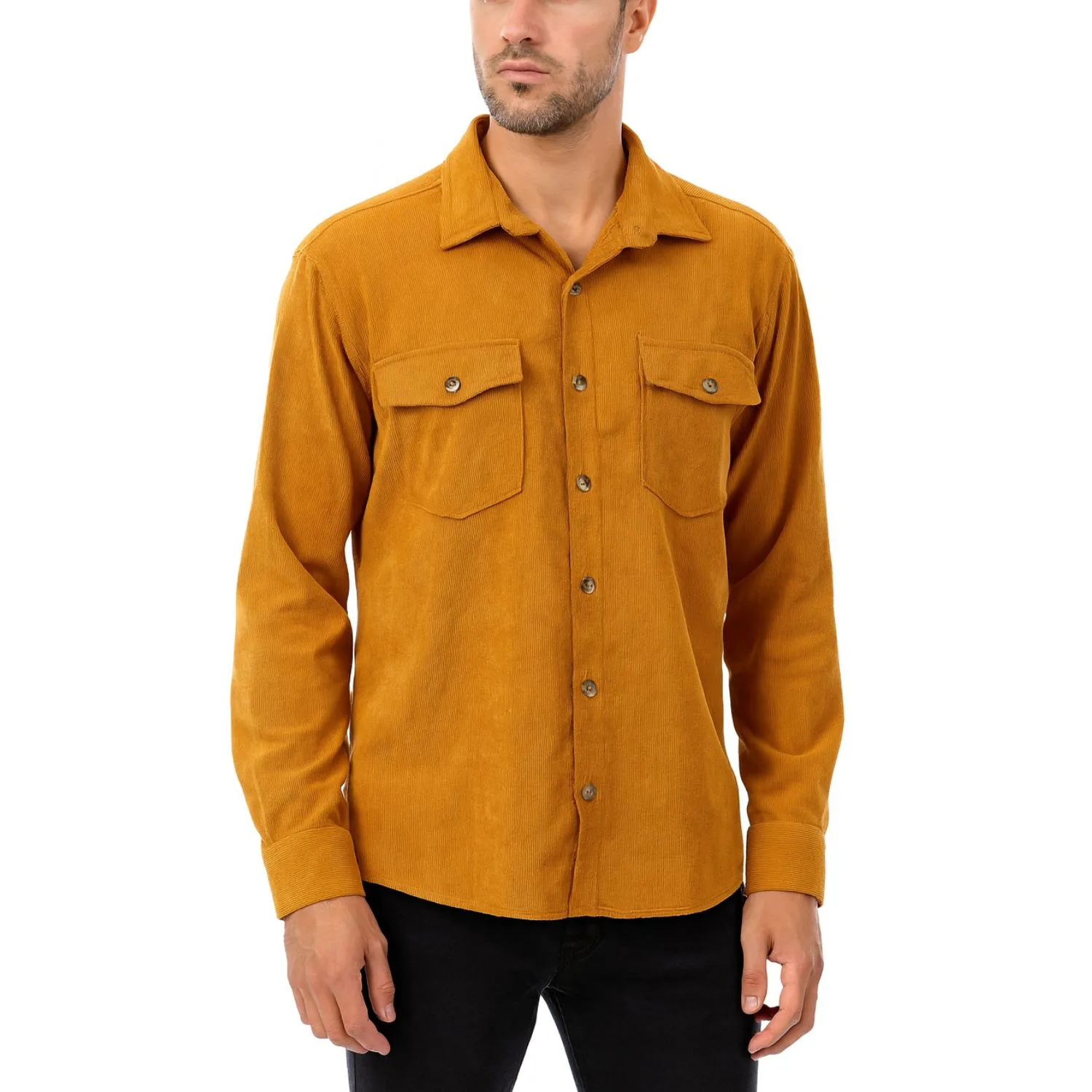 پیراهن آستین بلند یقه برگردان مردانه مدل کبریتی دو جیب