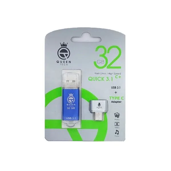 فلش مموری کوئین تک مدل QUICK USB3.1 CPLUSظرفیت 32 گیگابایت به همراه مبدل USB-C