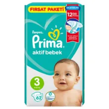 پوشک بچه پریما مدل Aktif bebek سایز 3 بسته 62 عددی