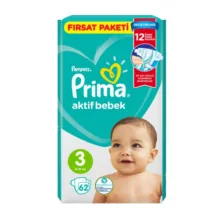 پوشک کودک پریما مدل Aktif bebek سایز 3 بسته 62 عددی