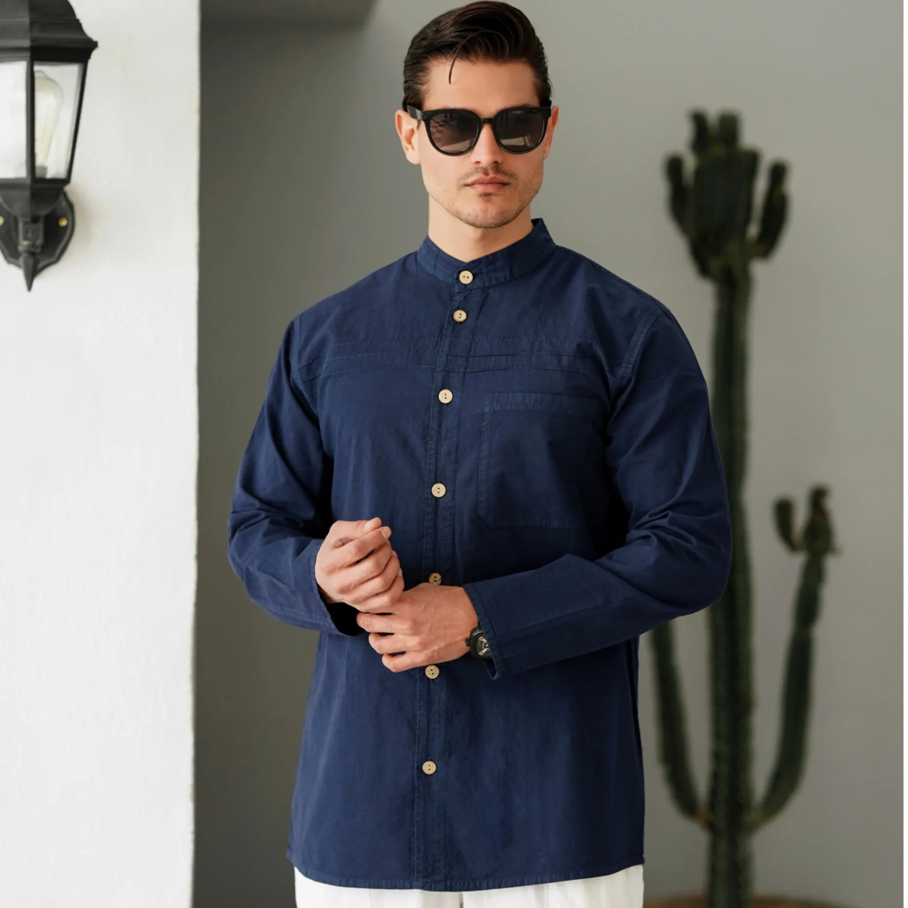 پیراهن آستین بلند یقه دیپلمات مردانه مدل تمام دکمه