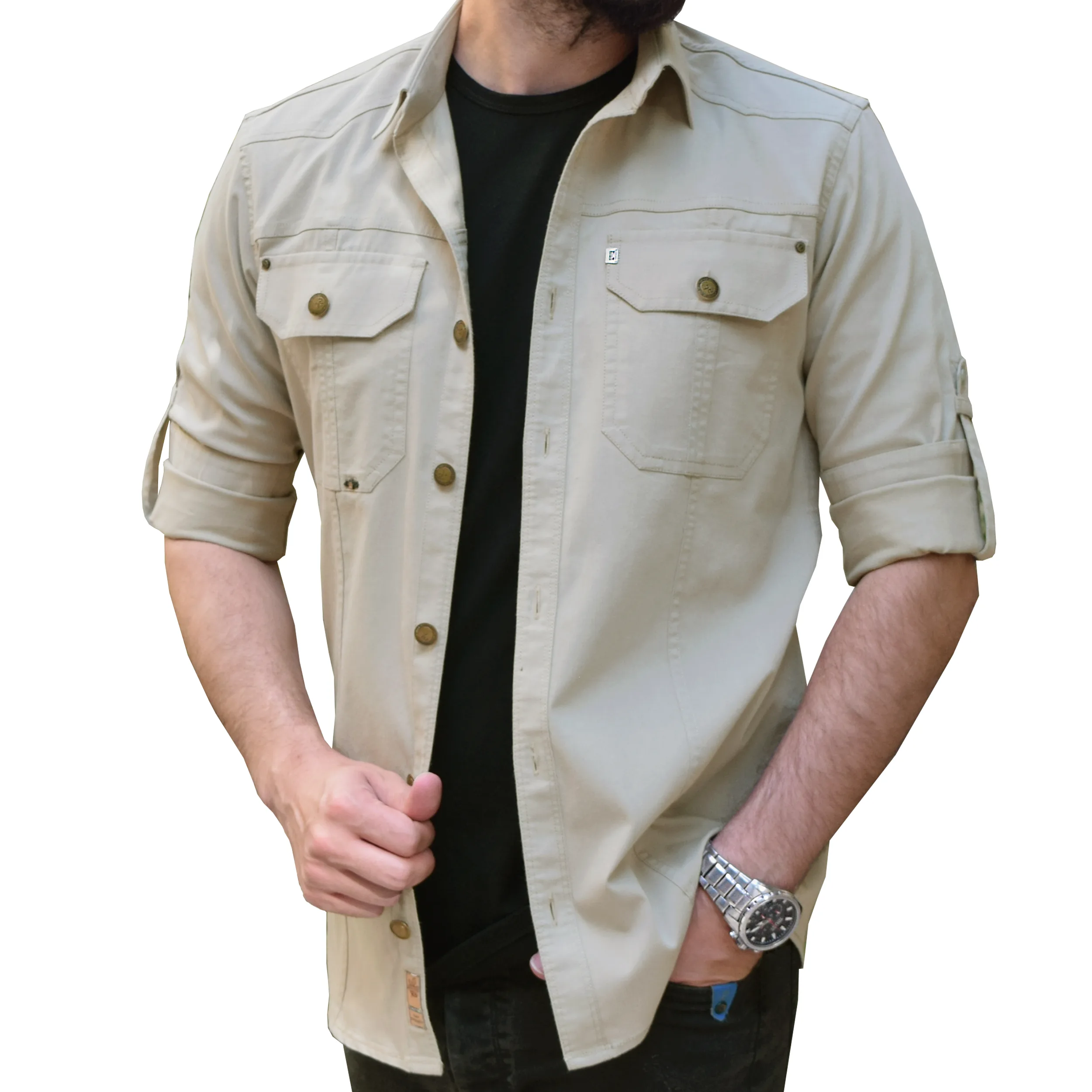 پیراهن آستین بلند مردانه پایتی جامه مدل کتان کش دو جیب بزرگ کد 15997121