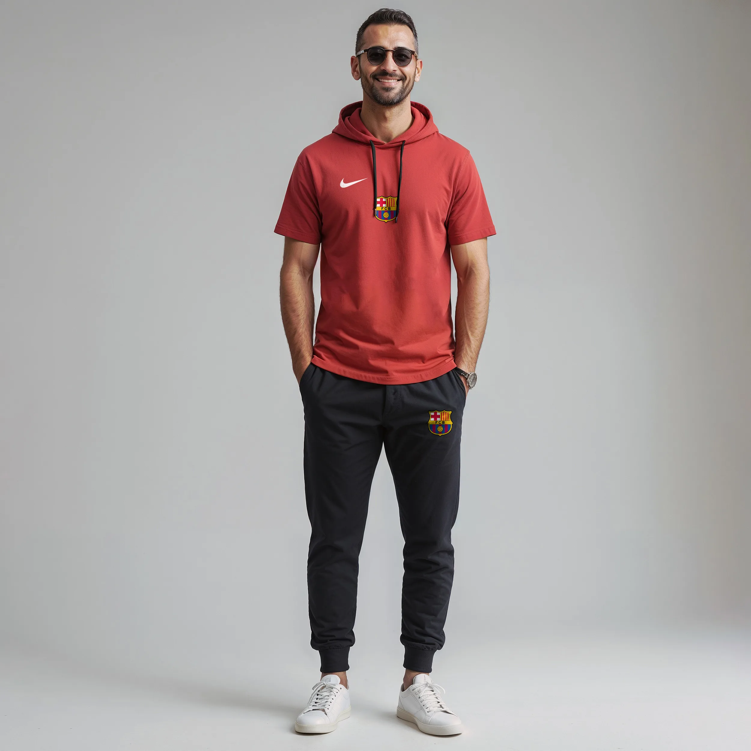 ست تی شرت کلاه دار و شلوار مردانه مدل 140311 طرح بارسلونا رنگ قرمز