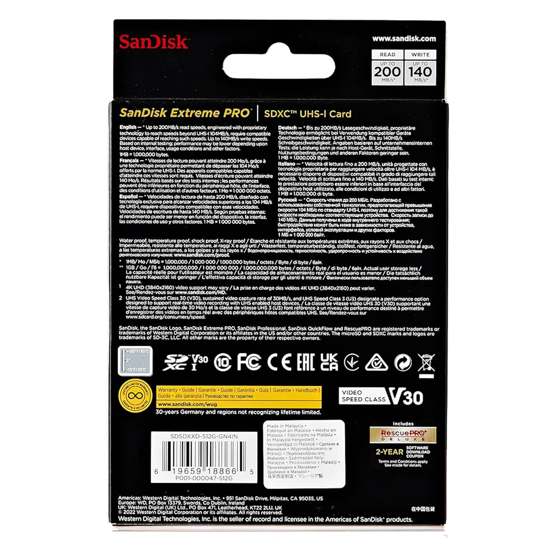 کارت حافظه SDXC سن دیسک مدل Extreme Pro V30 کلاس 10 استاندارد UHS-I U3 سرعت 200mbps ظرفیت 512 گیگابایت