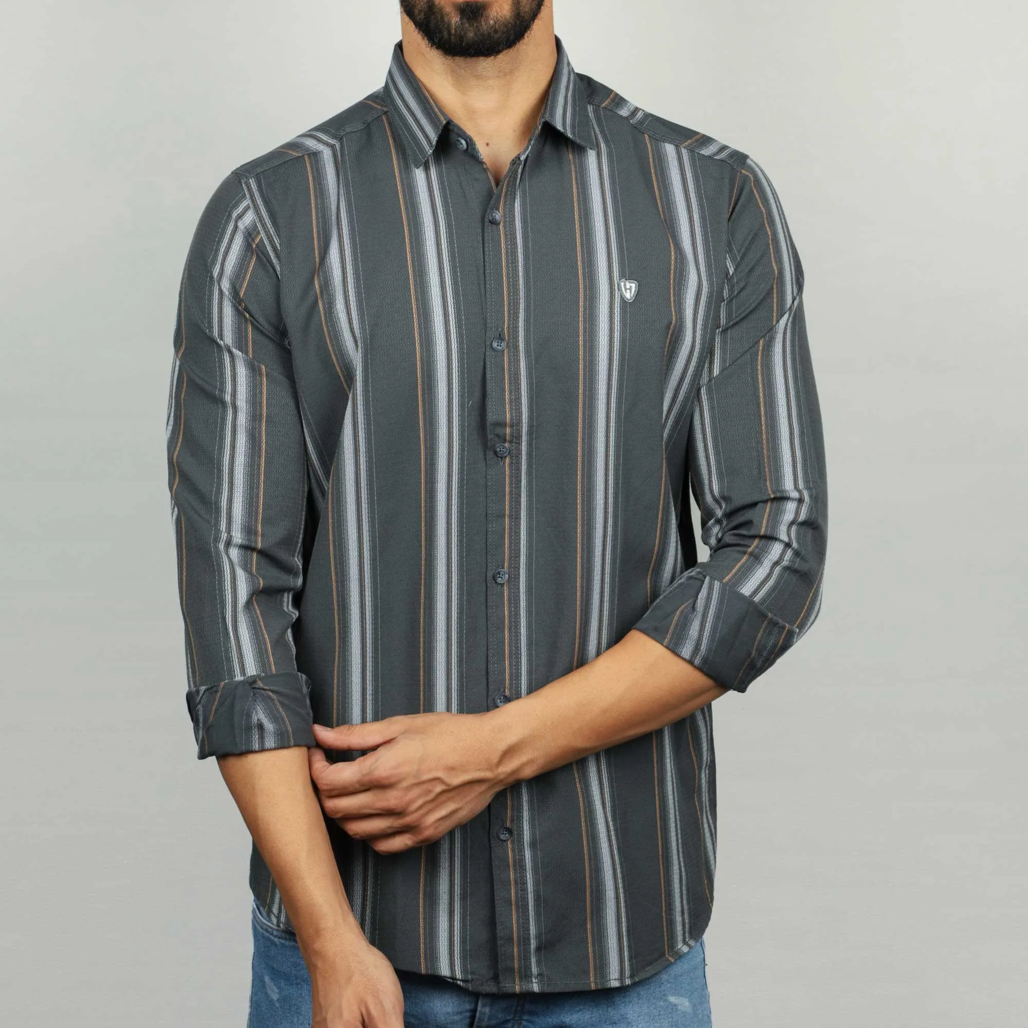 پیراهن آستین بلند مردانه مدل کنفی راه راه ۳۶۱۰۱۱۰۴