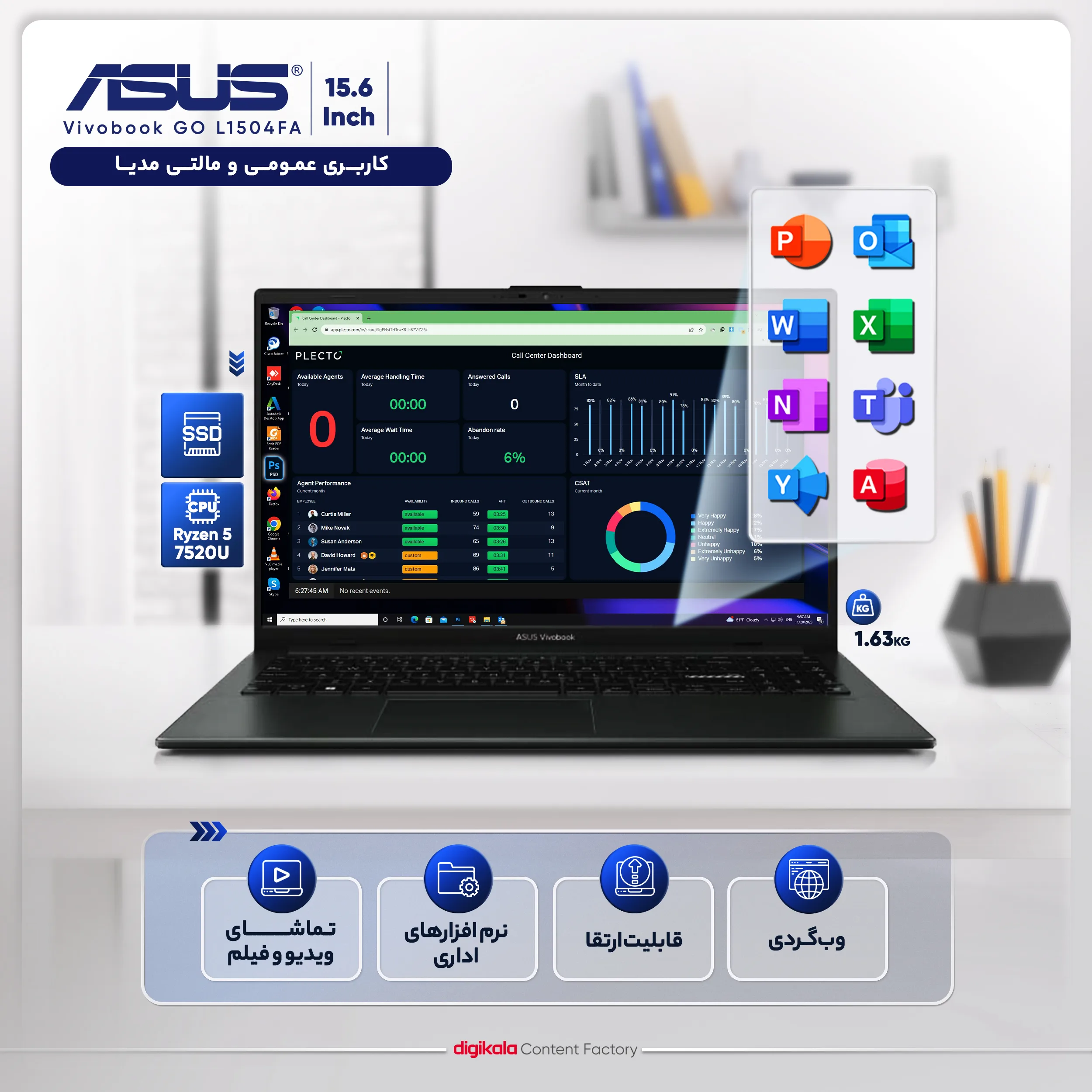 لپ تاپ 15.6 اینچی ایسوس مدل Vivobook GO L1504FA-NJ560-R5 7520U-8GB LPDDR5-512GB SSD-TN