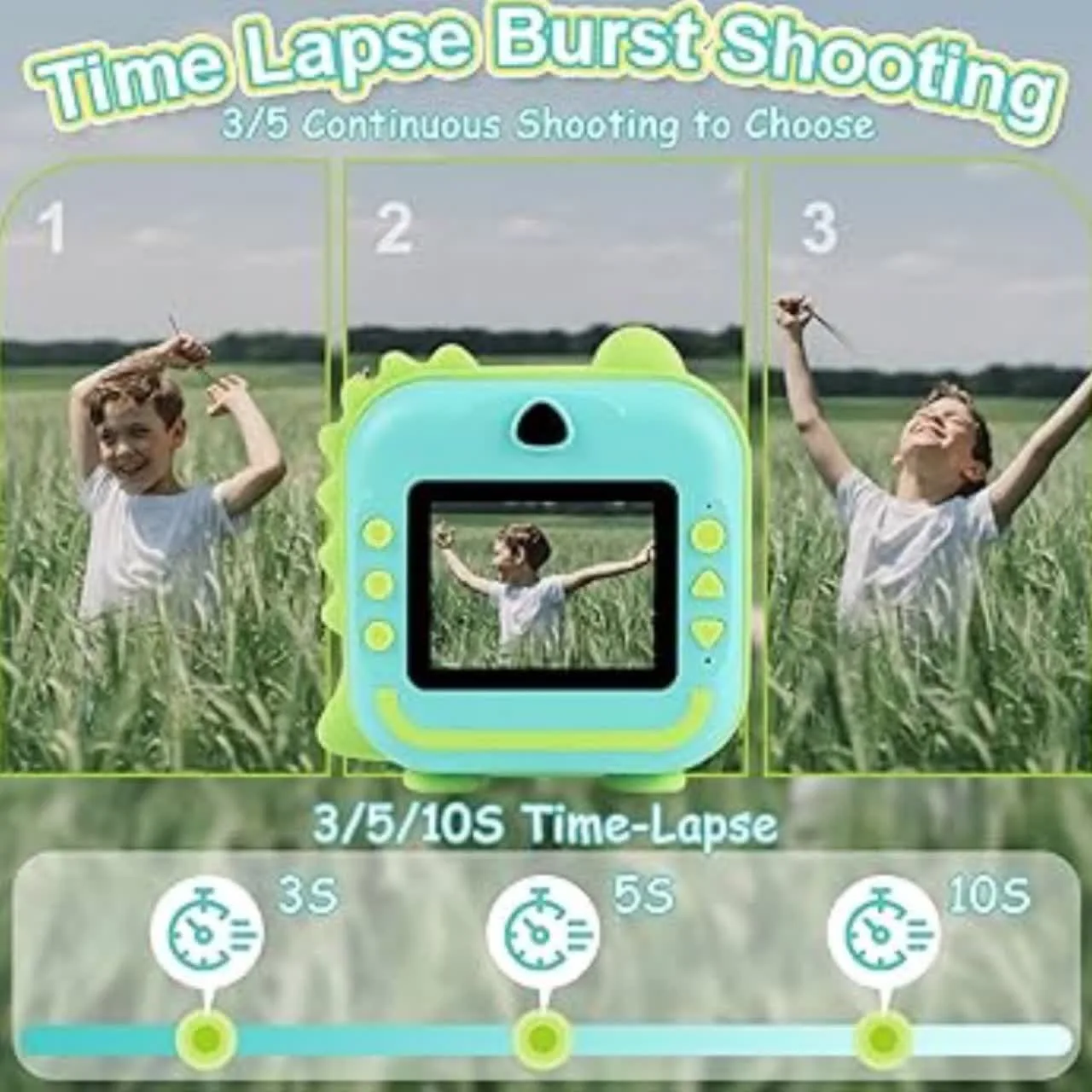 دوربین دیجیتال کودک ناب سل مدل چاپ سریع شارژی موزیکال طرح دایناسور