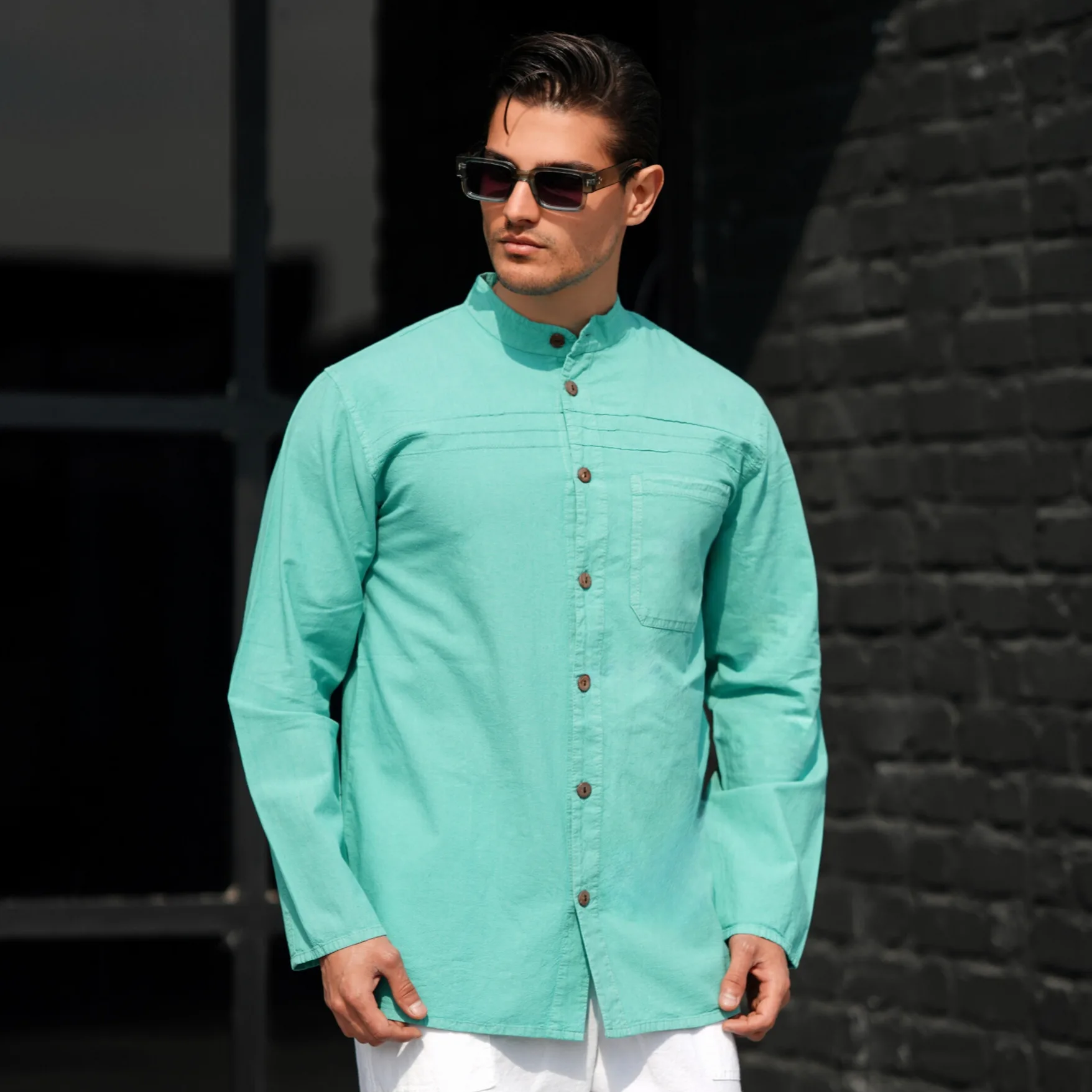 پیراهن آستین بلند یقه دیپلمات مردانه مدل تمام دکمه