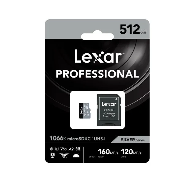 کارت حافظه microSDXC لکسار مدل 1066X کلاس A2 استاندارد UHS-U3 سرعت 160MBps ظرفیت 512 گیگابایت